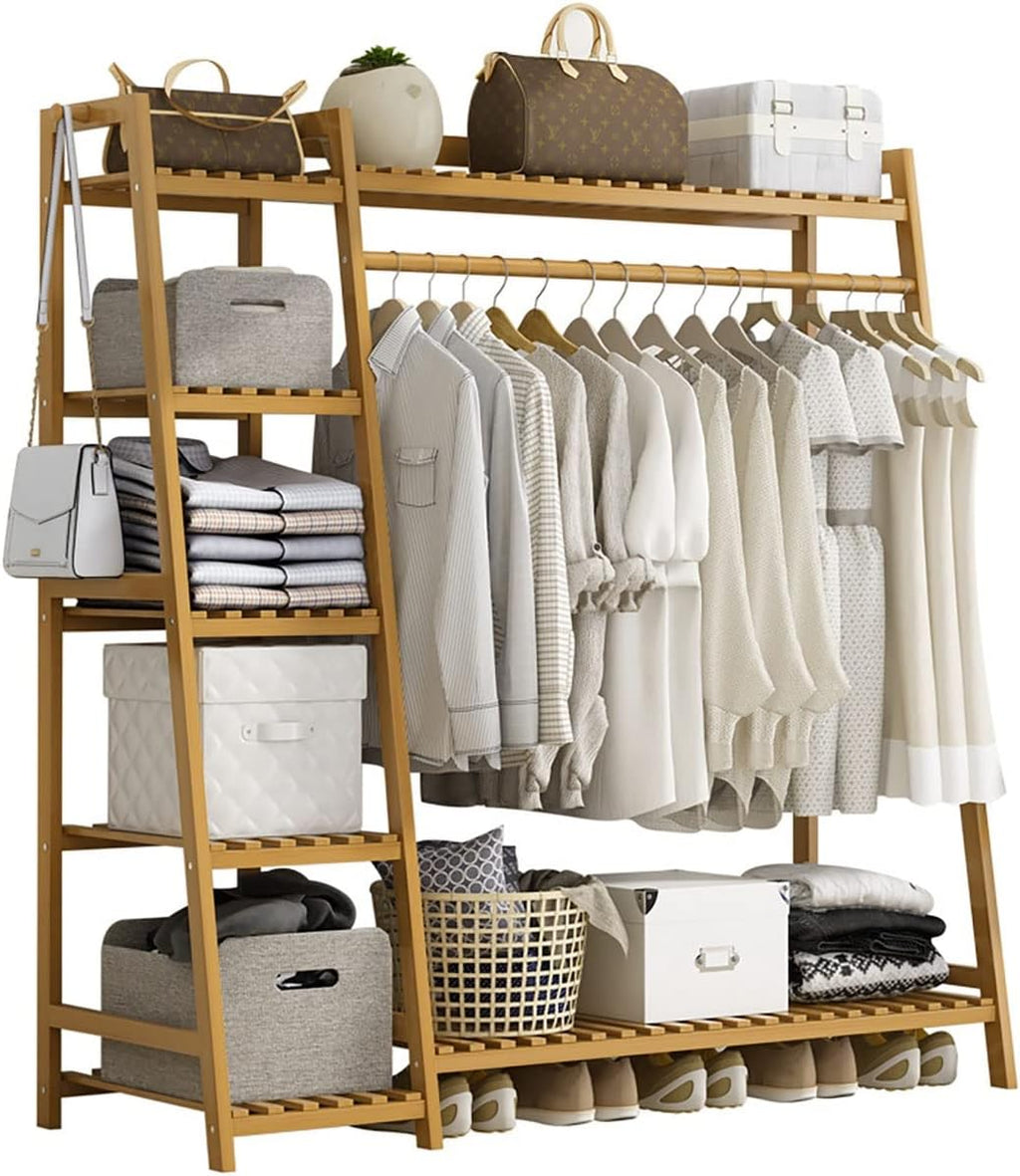 Heavy Duty Clothes Hanging Rack, Bamboo Garment Rack, 7-Tier Storage Shelves, Bedroom Wardrobe Closet Organizer