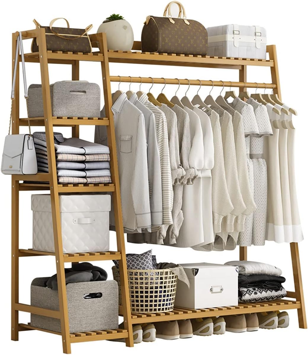 Heavy Duty Clothes Hanging Rack, Bamboo Garment Rack, 7-Tier Storage Shelves, Bedroom Wardrobe Closet Organizer