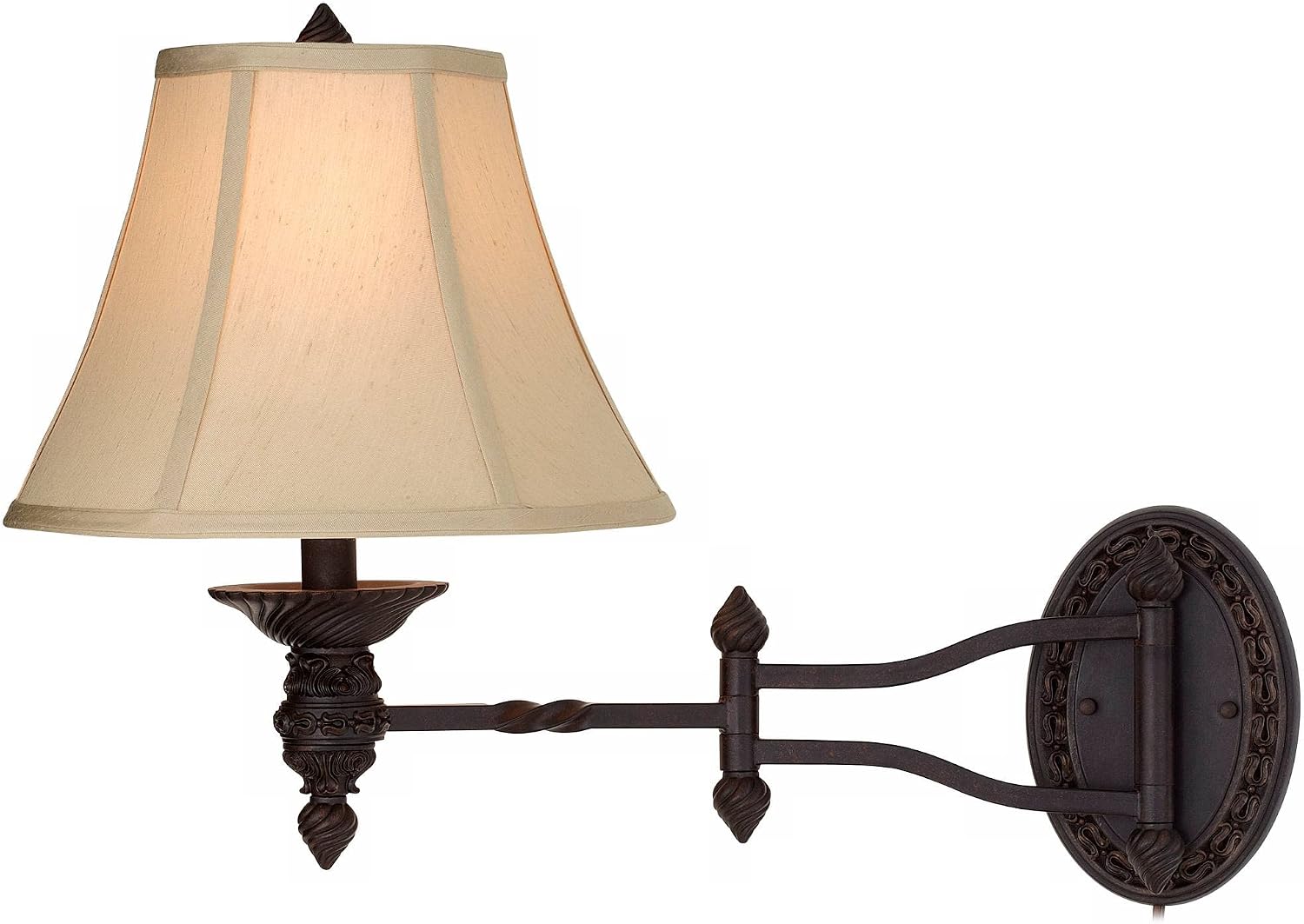 Barnes and Ivy Godia Vintage Rustic Swing Arm Wall Lamps Set of 2 Bronze Brown Metal Plug-in Light Fixture Beige Softback Fabric Bell Shade for Bedroom Bedside Living Room Reading House Home