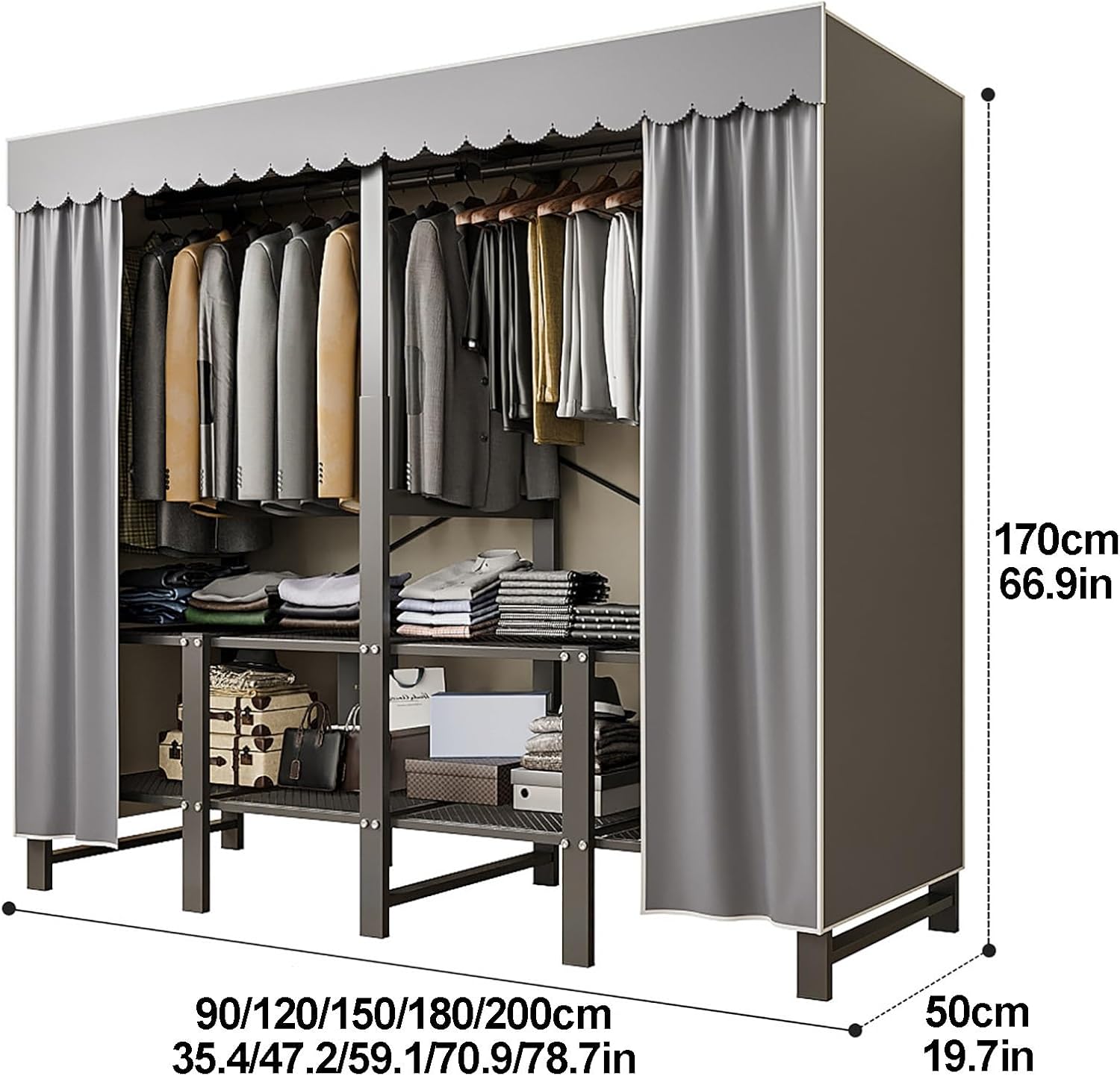 Foldable Wardrobe Closets For Hanging Clothes, Heavy-Duty Garment Rack With Cover, Folding Metal Clothing Racks, Covered Clothes Organizer Enclosed Armoires For Bedroom(A,90cm/35.4in)