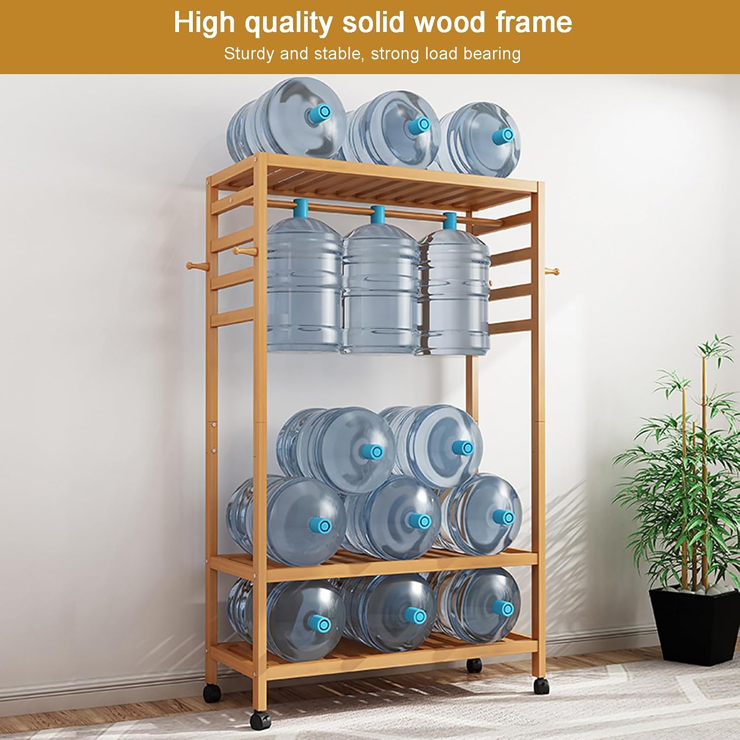 Bamboo Garment Rack Clothes Shelf Shoes Storage with 4 Hooks, Top Rod, 3 Storage Shelves, Wheels, Rolling Clothes Rack for Hanging Clothes, Clothing Racks Storage Organizer
