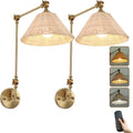 Bamboo Battery Operated Wall Sconce Set of 2, Rattan Swing Arm Wall Lamp, Gold Vintage Bedside Light Fixture, Hand Woven Boho Wall Mounted Lighting Fixture for Bedroom, Living Room