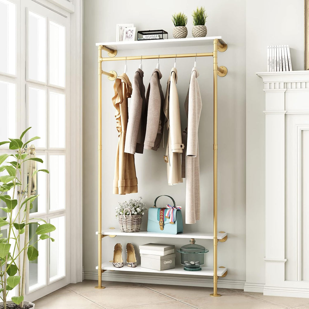 Gold Wall Clothing Racks with White Shelves, Wall Mounted Gold Clothes Rack for Hanging Rods，Heavy Duty Industrial Pipe Clothing Racks With Shelves Retail Display Garment Rack for Home
