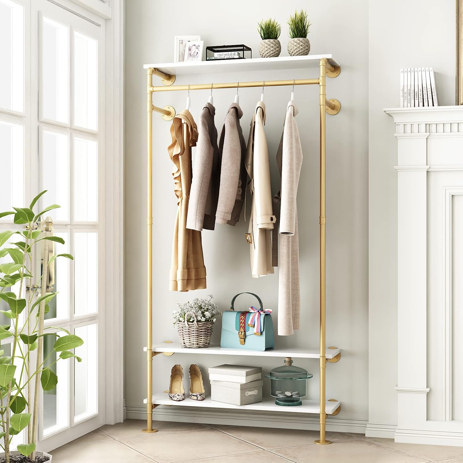 Gold Wall Clothing Racks with White Shelves, Wall Mounted Gold Clothes Rack for Hanging Rods，Heavy Duty Industrial Pipe Clothing Racks With Shelves Retail Display Garment Rack for Home