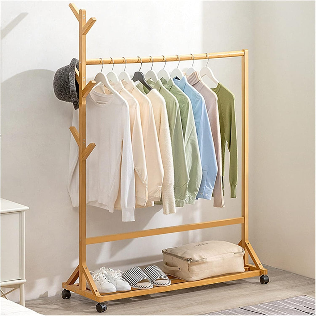 Floor-Standing Solid Wood Rotating Coat Rack，Bamboo Garment Coat Clothes Hanging Orga Rack with Rolling Wheels Easy to Install and Multifunctional Storage Shelves for Bedroom (Wood Color 80c
