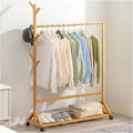 Floor-Standing Solid Wood Rotating Coat Rack，Bamboo Garment Coat Clothes Hanging Orga Rack with Rolling Wheels Easy to Install and Multifunctional Storage Shelves for Bedroom (Wood Color 80c