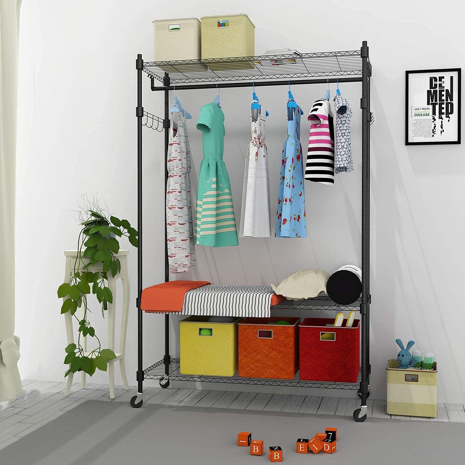 BATHWA Heavy Duty Clothing Racks,47.3'W x 17.7'D x 74.8'H Wide Hanging Space 3 Adjustable Shelving Garment Rack on Wheels Portable Wardrobe for Dress Coat Clothes Organizer Sturdy Metal Construction