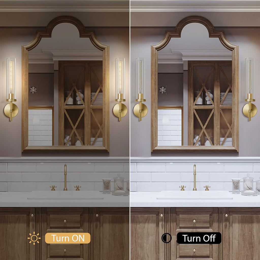 Gold Wall Sconces Set of Two, 19.48' Knurled Gold Wall Lighting with Glass Tube, Modern Brass Sconces Wall Lamp for Bedroom Living Room Bathroom Hallway Staircase & Vanity Mirror(Including Bulb)