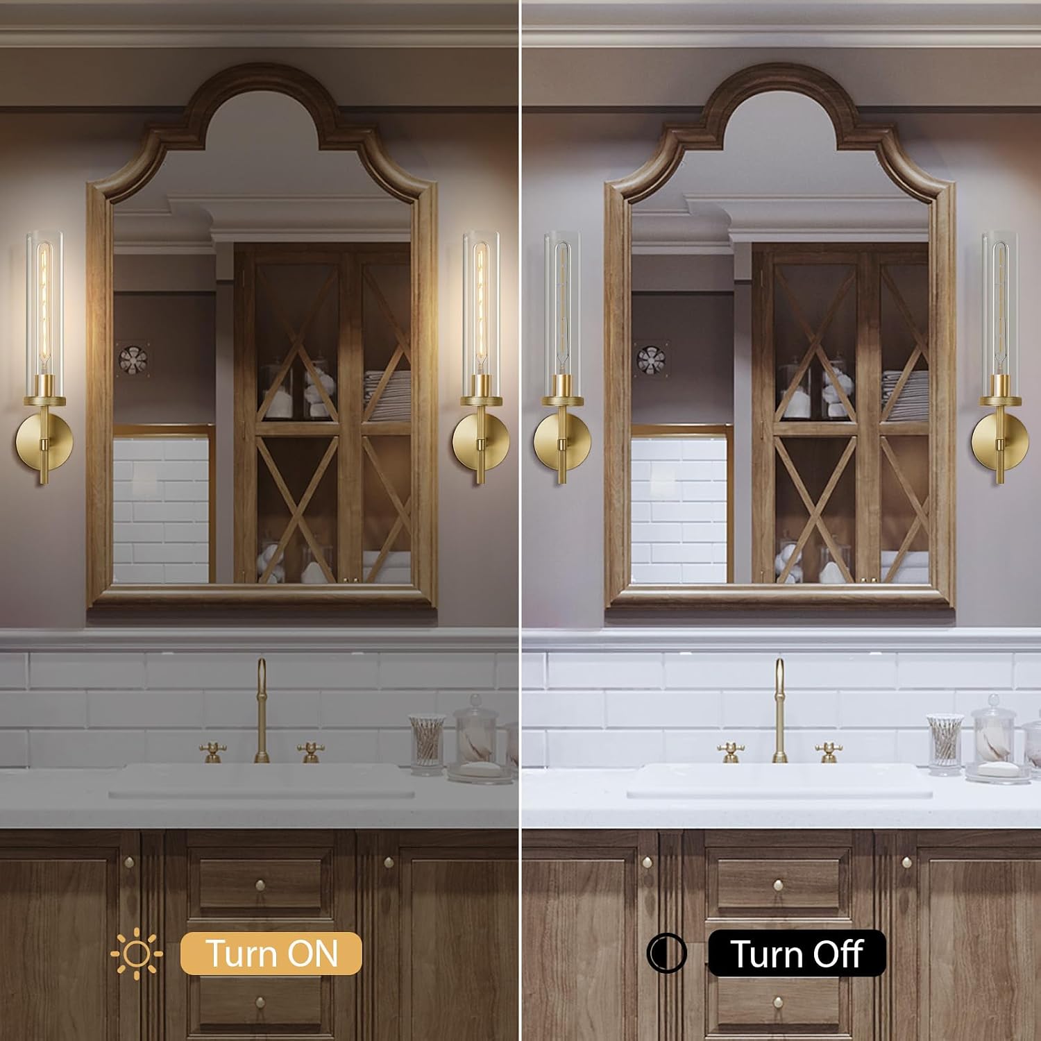 Gold Wall Sconces Set of Two, 19.48' Knurled Gold Wall Lighting with Glass Tube, Modern Brass Sconces Wall Lamp for Bedroom Living Room Bathroom Hallway Staircase & Vanity Mirror(Including Bulb)