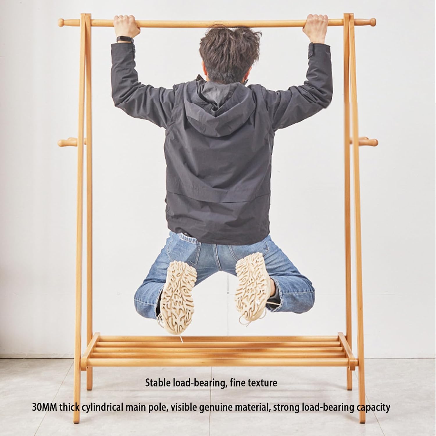 Bamboo Garment Rack Wood Garment Coat Clothes Hanging Heavy Duty Rack,Free Standing Coat Hanger Closet Organizer Storage Shelf for Hall Living Room Bedroom Office