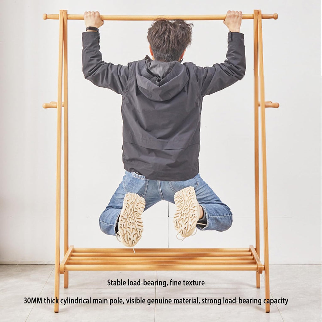 Bamboo Garment Rack Wood Garment Coat Clothes Hanging Heavy Duty Rack,Free Standing Coat Hanger Closet Organizer Storage Shelf for Hall Living Room Bedroom Office