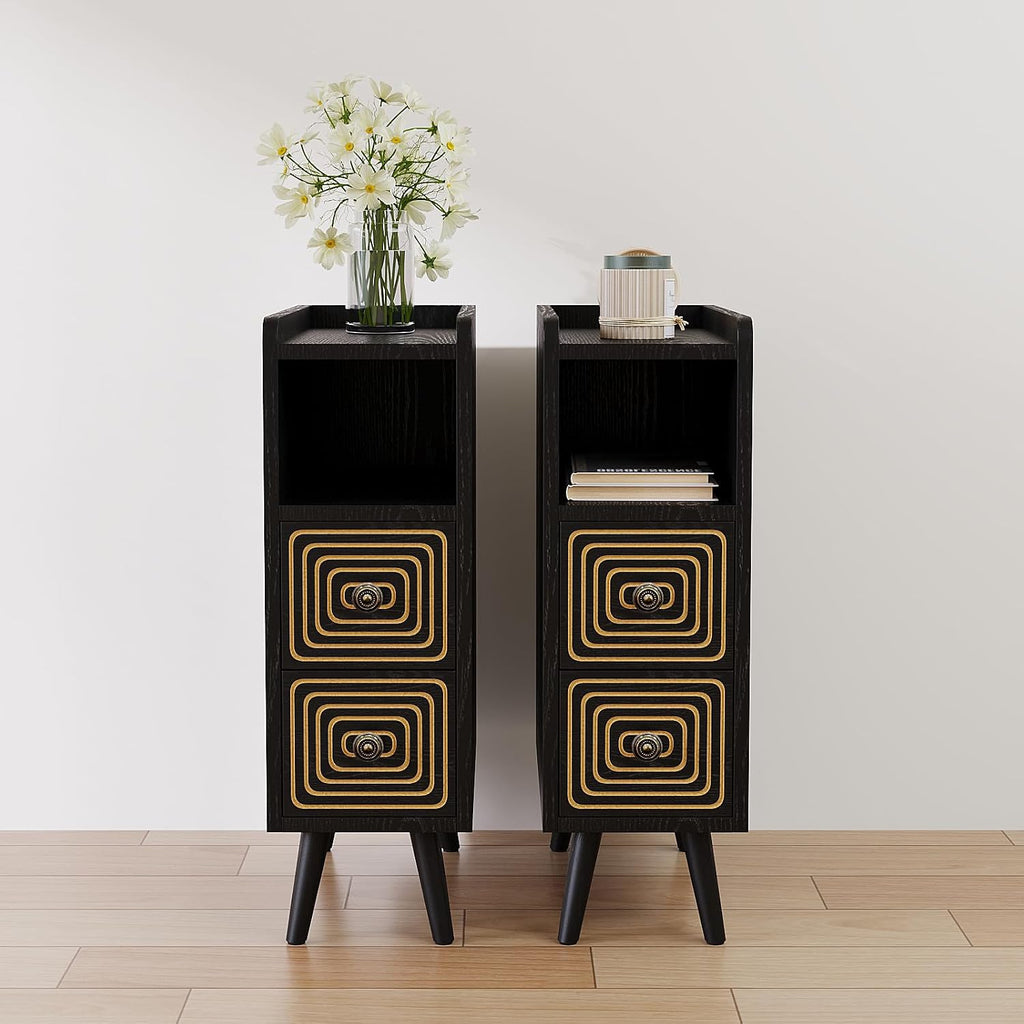 Nightstands Set of 2,Night Stand Bed Side Table with Storage Space,Wooden Bedside Table with Open Shelf,2 Drawers,End Table with Solid Wood Feet for Bedroom,College Dorm,Entryway (Black)