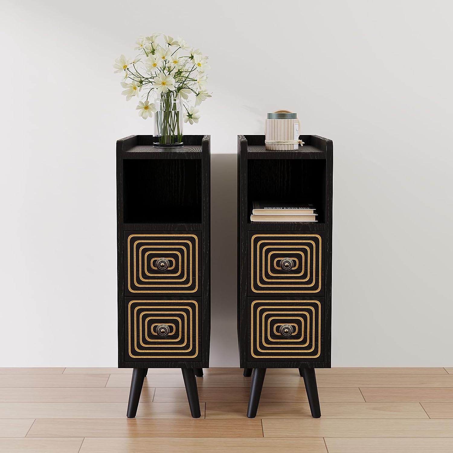 Nightstands Set of 2,Night Stand Bed Side Table with Storage Space,Wooden Bedside Table with Open Shelf,2 Drawers,End Table with Solid Wood Feet for Bedroom,College Dorm,Entryway (Black)