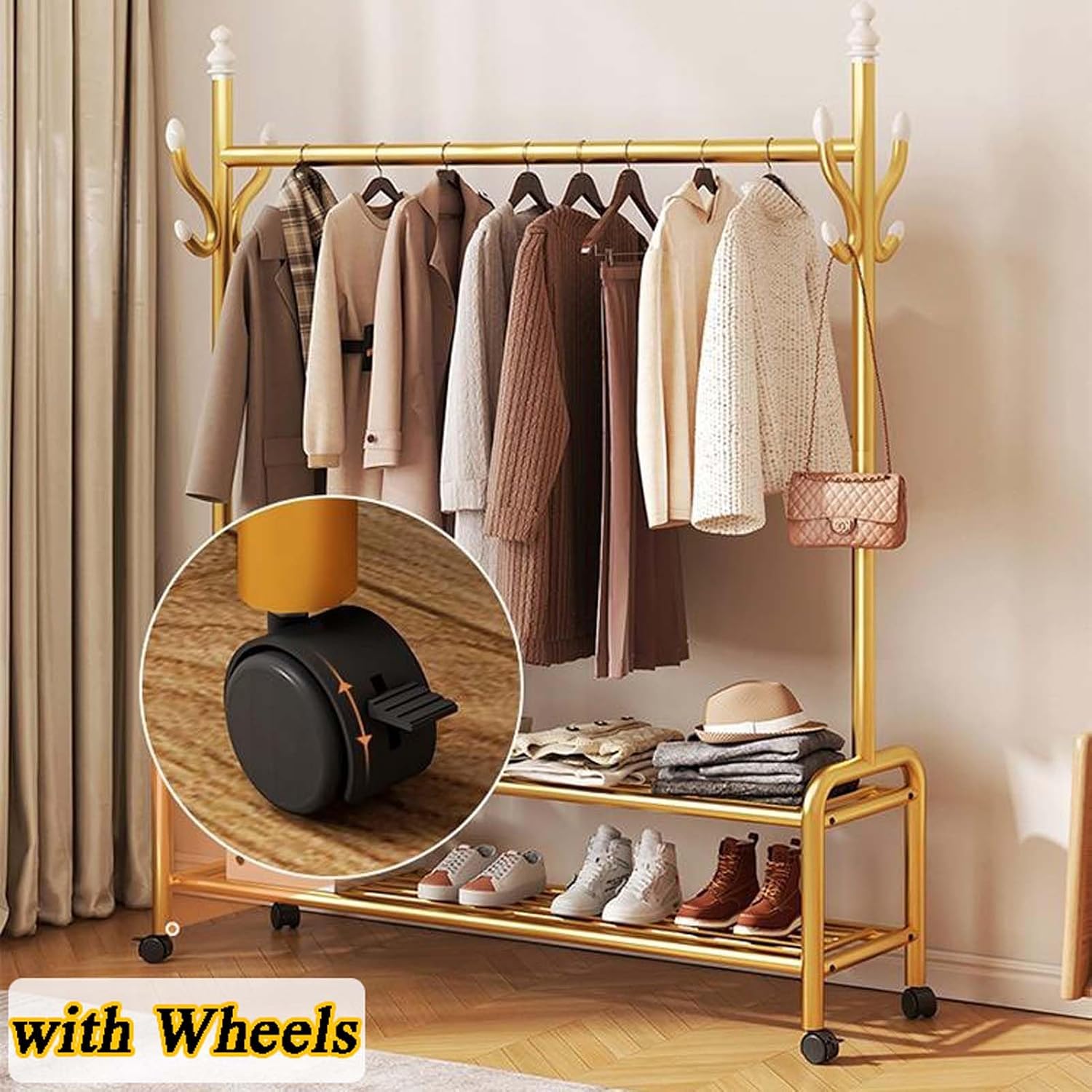 YSUEFIJO Clothing Garment Rack On Wheels, Garment Racks for Hanging Clothes, Multi-Functional Bedroom Clothes Rack, Heavy Duty Clothing Rolling Rack, for Dorm Bedroom Home