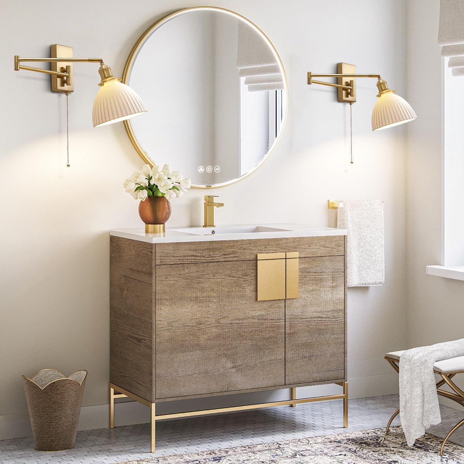 Gold Wall Sconces Set of 2 Modern Bathroom Sconces Wall Lighting Brushed Brass Wall Mount Light Fixture Milk Glass Swing Arm Wall Sconces with Pull Chain Bedroom Hardwired Wall Lamps MWL14D-2