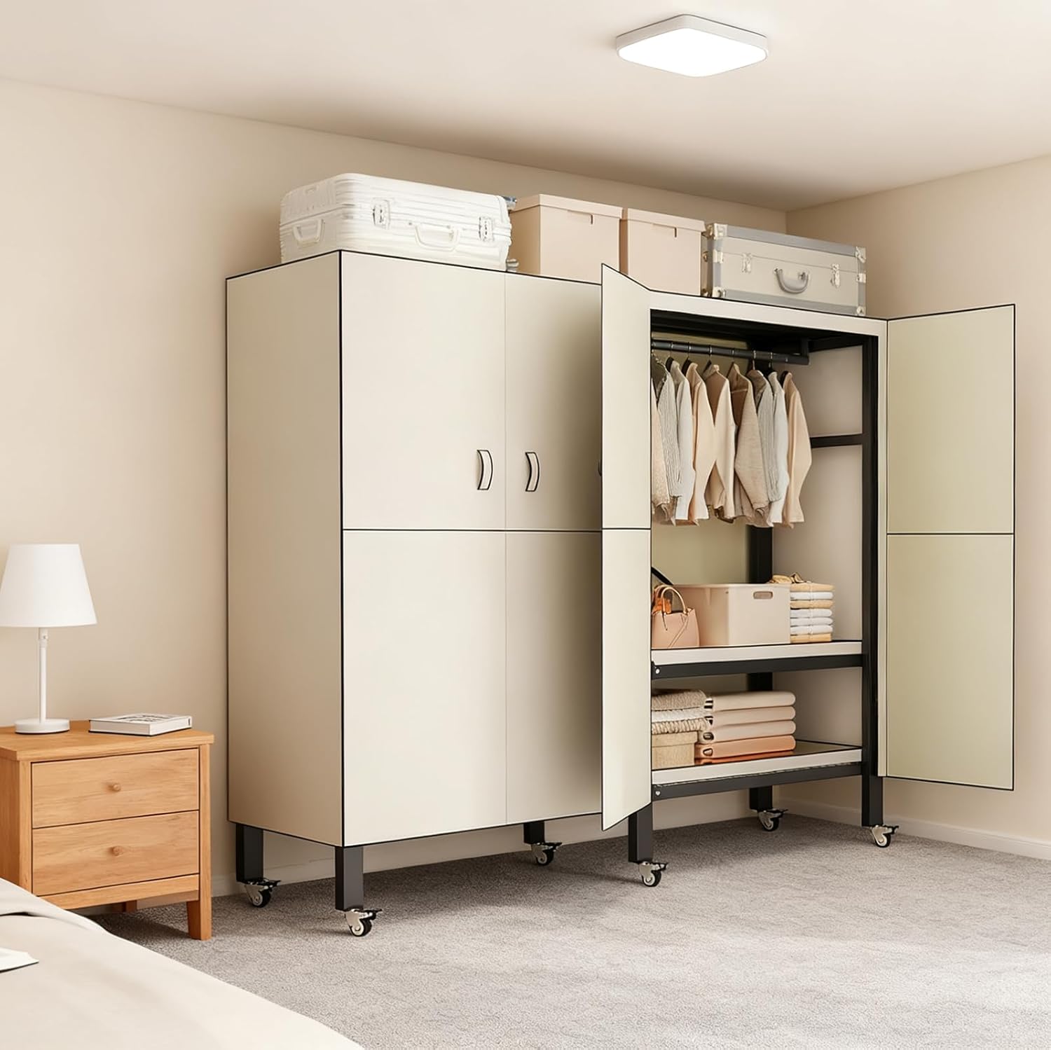 Foldable Portable Armoire Wardrobe Closet for Hanging Clothes Rack, Heavy Duty Covered Clothes Rack with Cover(HARDBOARD Magnetic), Closet Garment Rack for Bedroom Storage (KT Off-white, 66.14in)