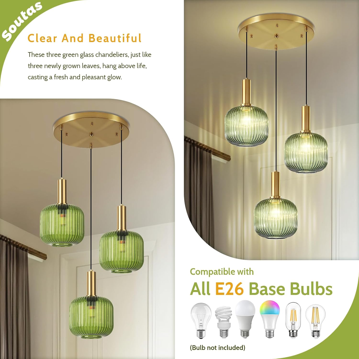 3-Light Dining Room Chandelier Lighting Green Glass Cluster Ceiling Light with Gold Metal Accent, Mid Century Vintage Chandelier for Farmhouse Stairwell Kitchen Island