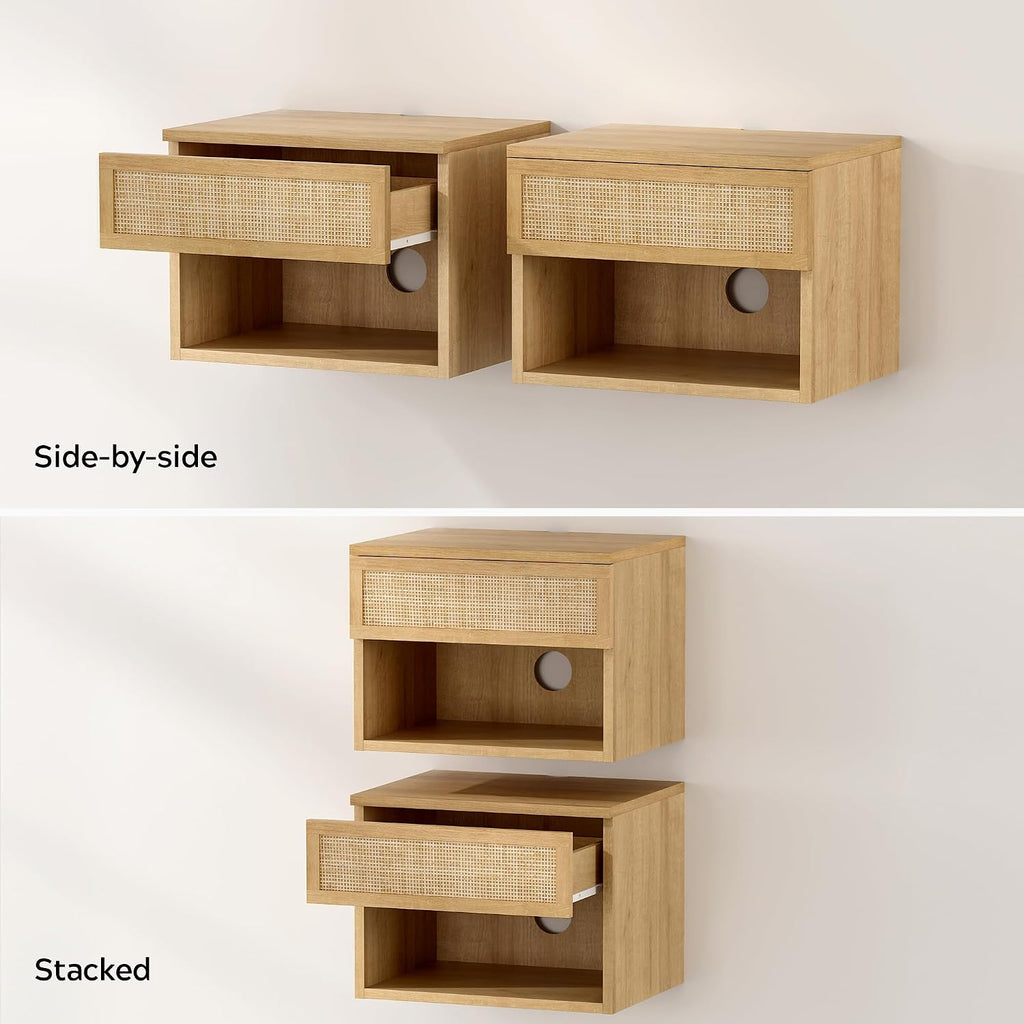 EYYTHUNG Small Rattan Floating Nightstands with Drawer Set of 4, Wall Mounted TV Stands with Open Compartment Modern Night Stand Wooden Bedside Table Storage Cabinet for Bedroom, Entryway Natural Oak