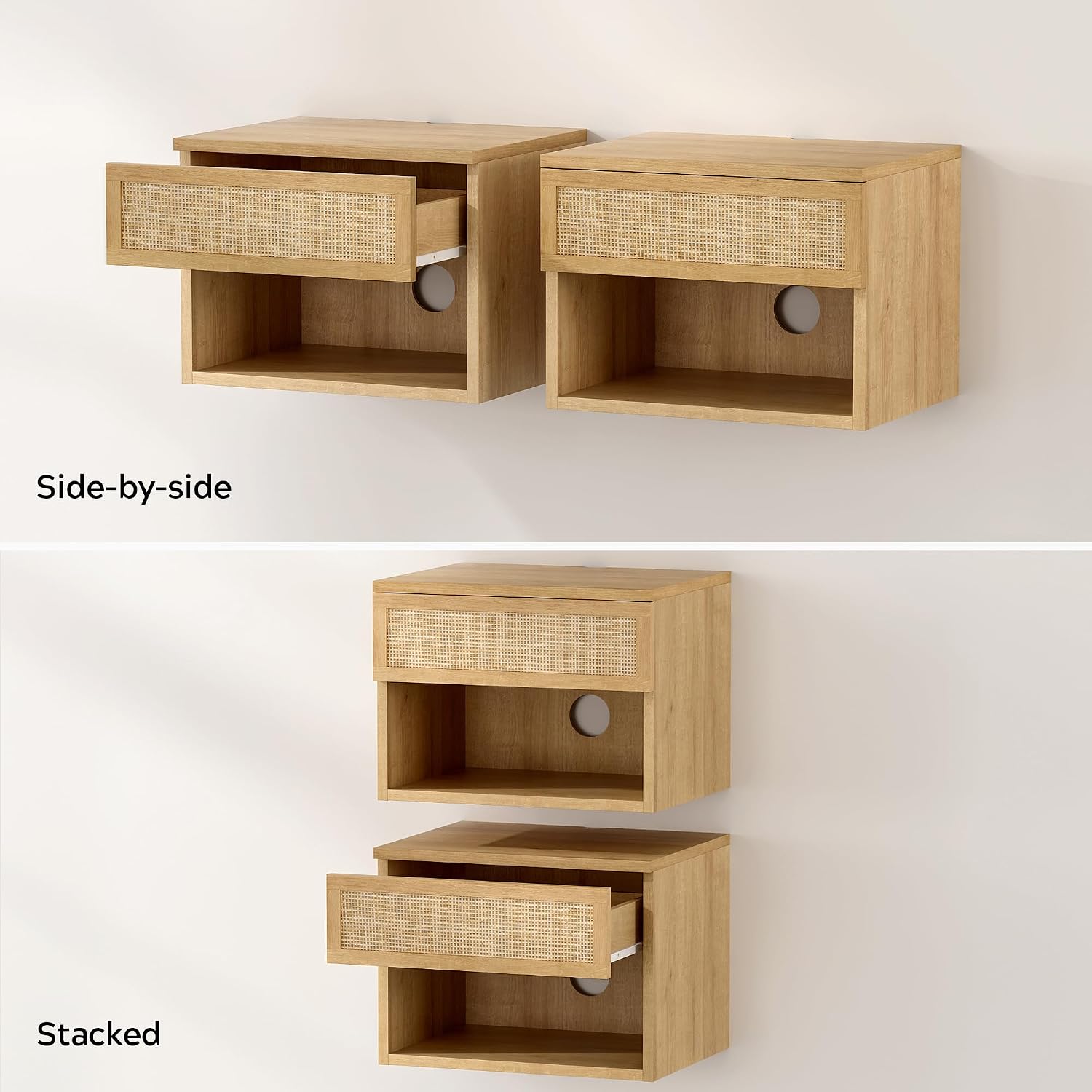EYYTHUNG Small Rattan Floating Nightstands with Drawer Set of 4, Wall Mounted TV Stands with Open Compartment Modern Night Stand Wooden Bedside Table Storage Cabinet for Bedroom, Entryway Natural Oak
