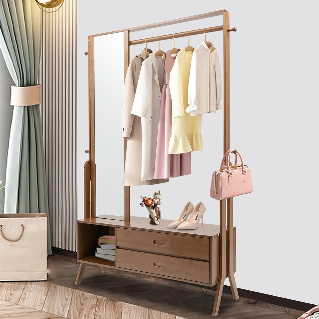 Bamboo Garment Rack, Freestanding Bamboo Clothing Rack with Mirror & Hooks, Heavy Duty Coat Racks with Shelves, Open Wardrobe Closet Organizer for Entrances, Corridors, Bedrooms