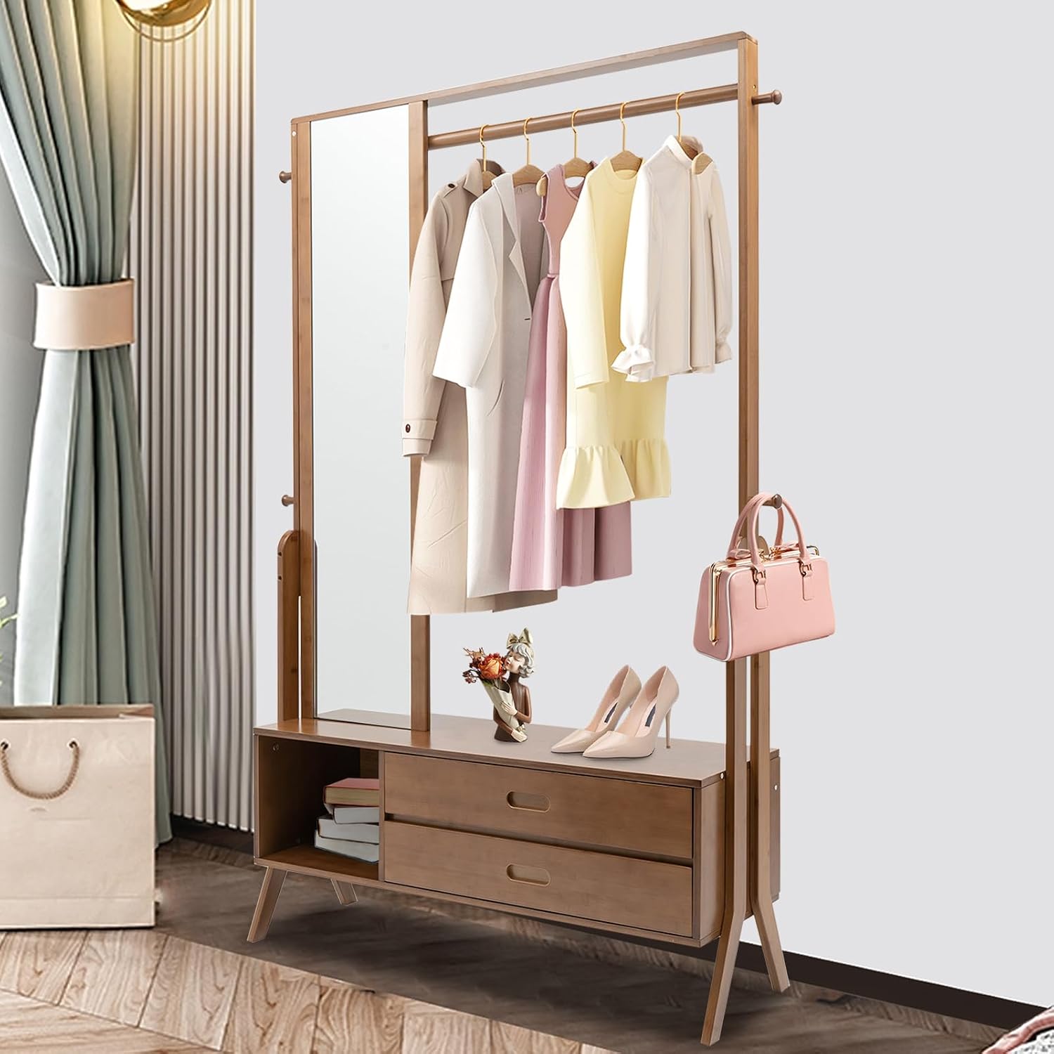 Bamboo Garment Rack, Freestanding Bamboo Clothing Rack with Mirror & Hooks, Heavy Duty Coat Racks with Shelves, Open Wardrobe Closet Organizer for Entrances, Corridors, Bedrooms