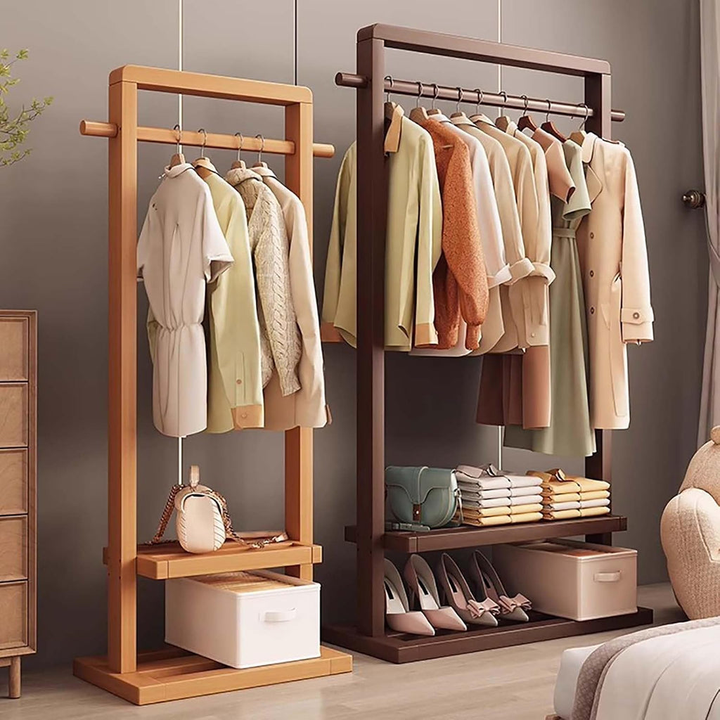 Clothes Rack, Bamboo Floor-standing Bedroom Coat Rack,Rack Heavy Duty Garment Racks For Hanging Clothes,Shoe Clothing Storage Organizer Shelves, 63 in Height(Brown,105CM/41.3IN)