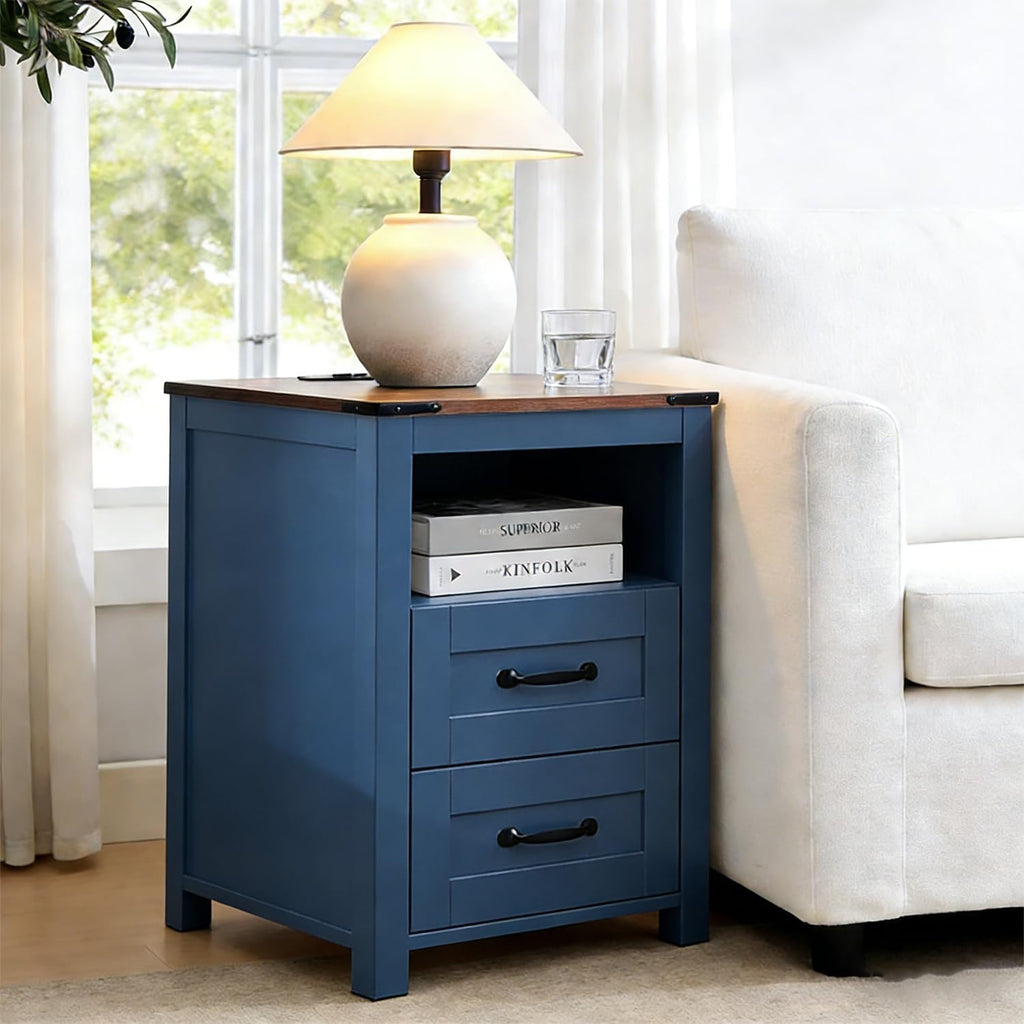 Farmhouse Nightstand Set of 2, Bedside Table with 2 Drawers Storage, Rustic Night Stand with Charging Station, End Table with Open Shelf for Bedroom, Blue
