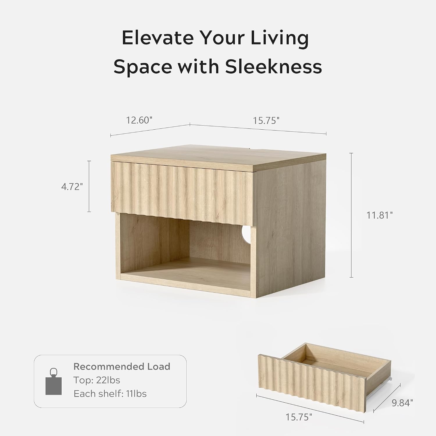 EYYTHUNG Floating Nightstand Set of 2 with Drawer, Fluted Modern Night Stand with Fluted Door and Open Storage Shelf Wall Mounted Bedside Table for Bedroom, Entryway Light Oak