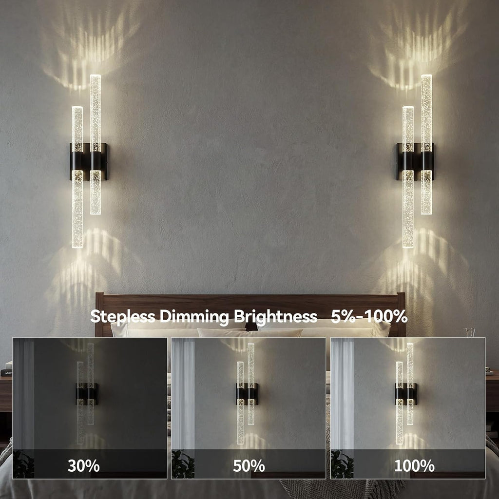 Crystal Wall Sconces Set of Two Black Wall Sconce Hardwired LED Bathroom Vanity Light Fixtures 21.25in 4000K Vertical and Horizontal Wall Mounted Sconces for Bedroom, Living Room, Hallway