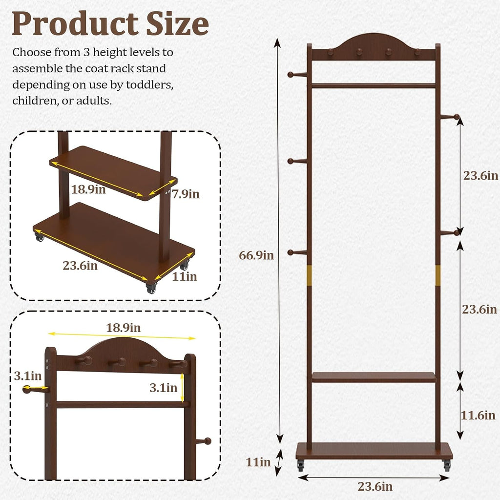 Solid Wood Clothing Rack, 2 Shelves Storage & 9 Hooks Heavy Duty Coat Rack Freestanding Wheels Clothes Rack Coat Tree Stand Hat Hanger Rack for Home Corner, Walnut