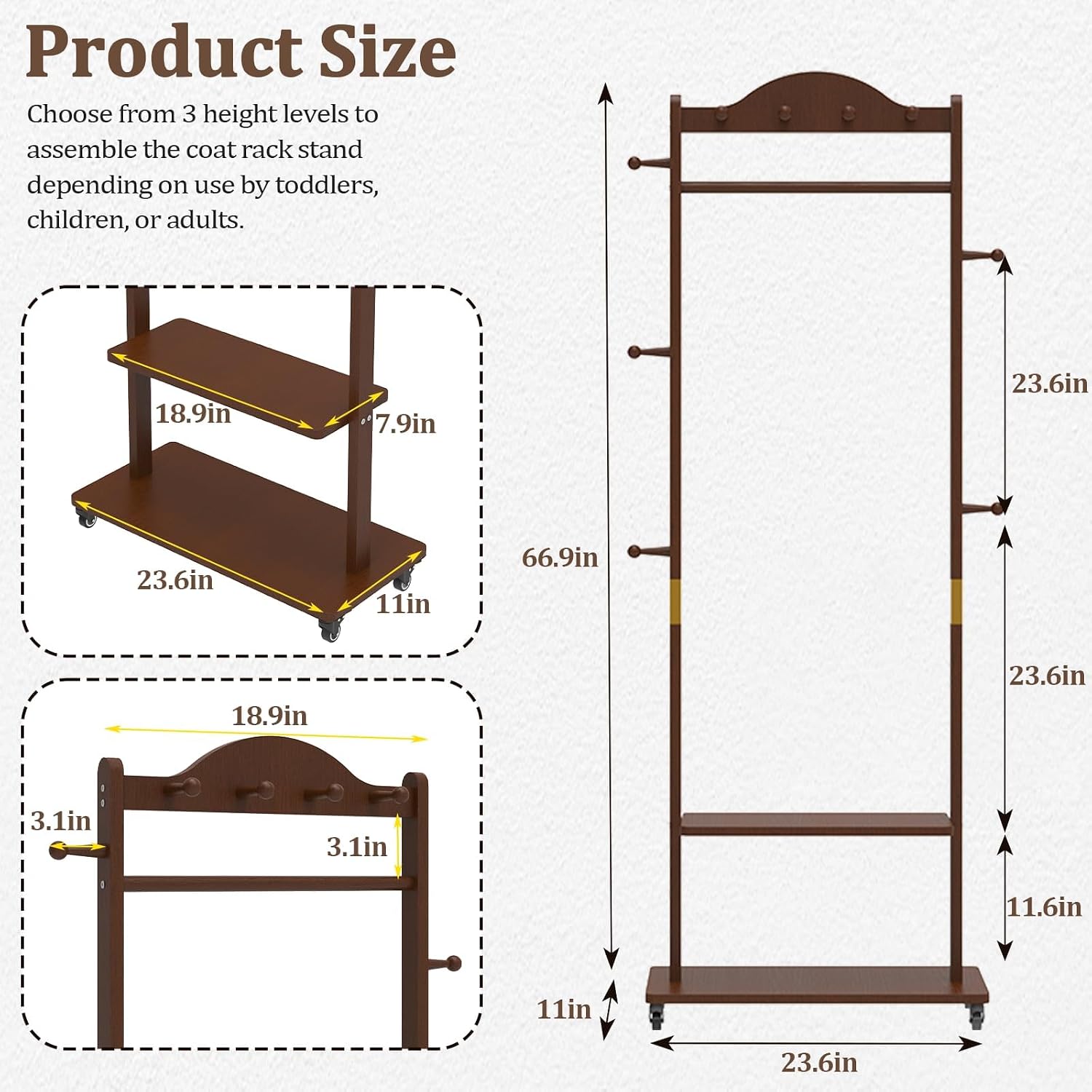 Solid Wood Clothing Rack, 2 Shelves Storage & 9 Hooks Heavy Duty Coat Rack Freestanding Wheels Clothes Rack Coat Tree Stand Hat Hanger Rack for Home Corner, Walnut