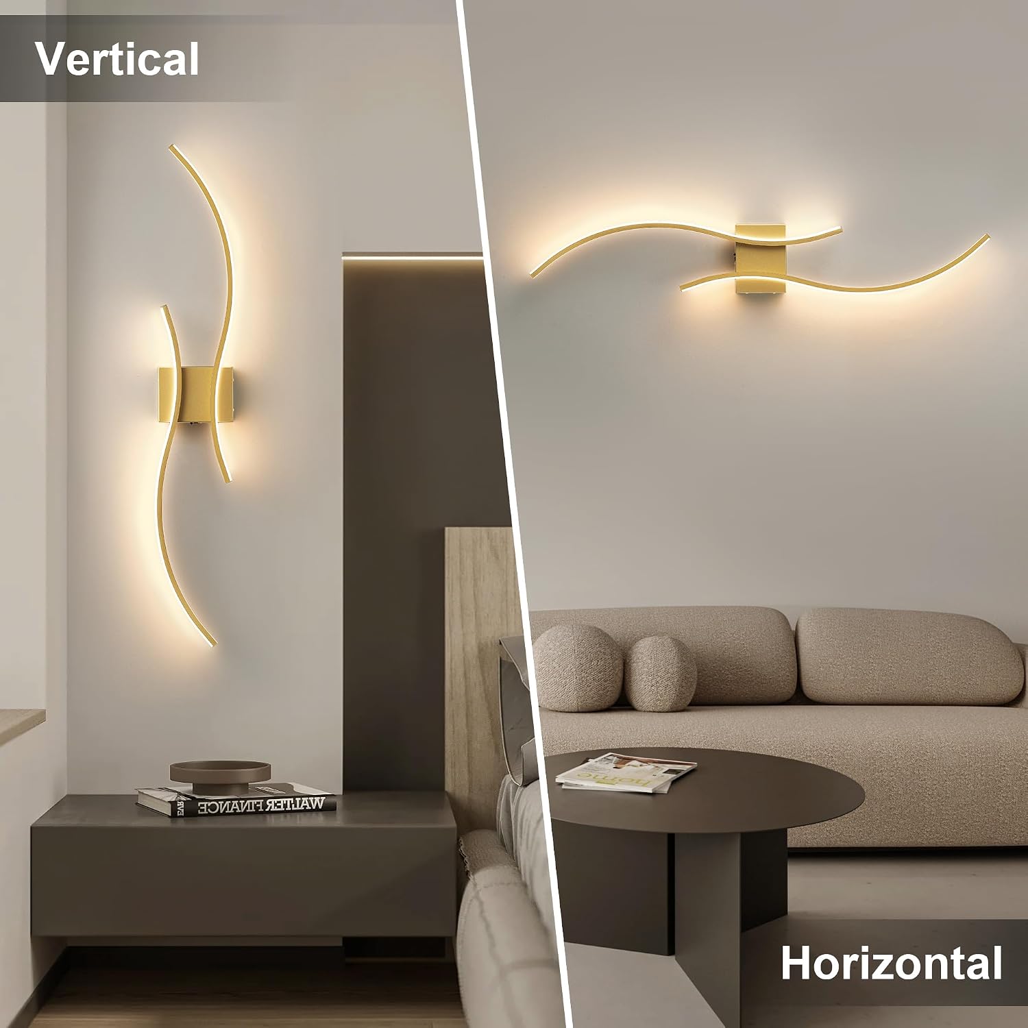 Battery Operated Wall Sconces Set of Two with Remote Control, Battery Wall Light, Stepless Colors 3000K-6000K & Dimming, Gold Rechargeable Wall Sconces for Living Room, Hallway, Bedroom, 39.3 Inch