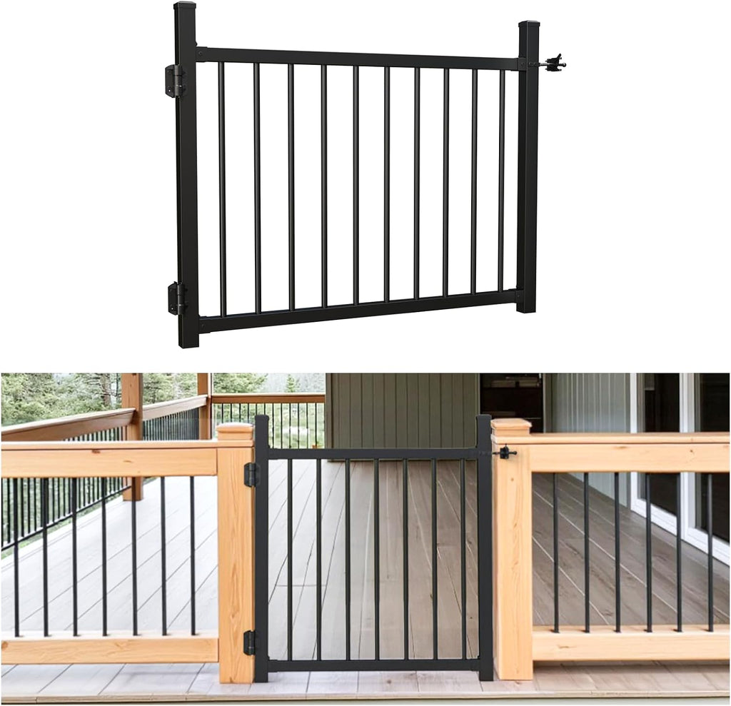 36'x45' Aluminum Gate with Self-Closing Hinges,Round Tube 3/4' pickets,DIY Adjustable Width Black Powder Coated Deck gate Kits Incl. Hinges Latch for Deck Railing Patios Gardens Indoor Outdoor