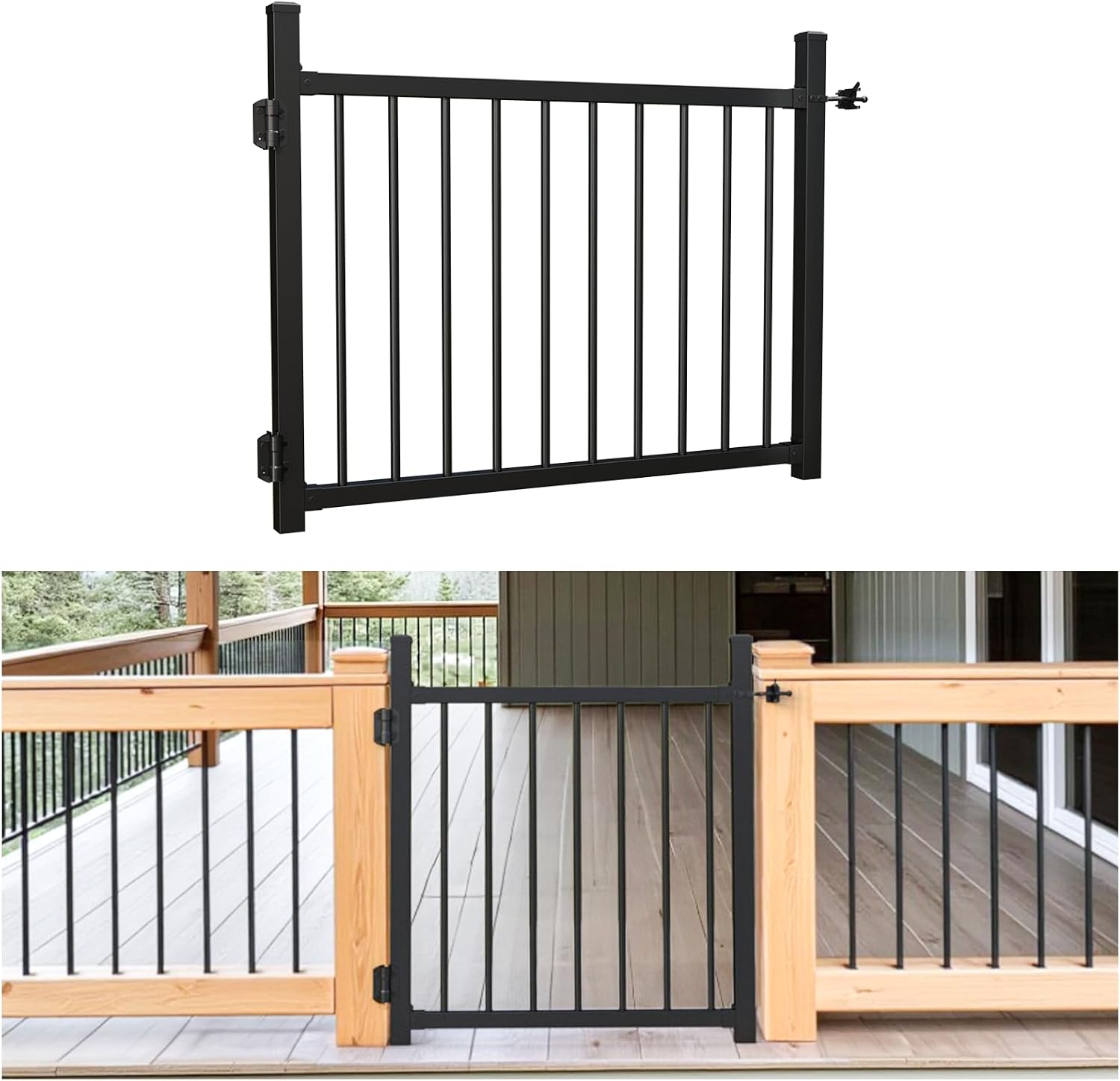 36'x45' Aluminum Gate with Self-Closing Hinges,Round Tube 3/4' pickets,DIY Adjustable Width Black Powder Coated Deck gate Kits Incl. Hinges Latch for Deck Railing Patios Gardens Indoor Outdoor