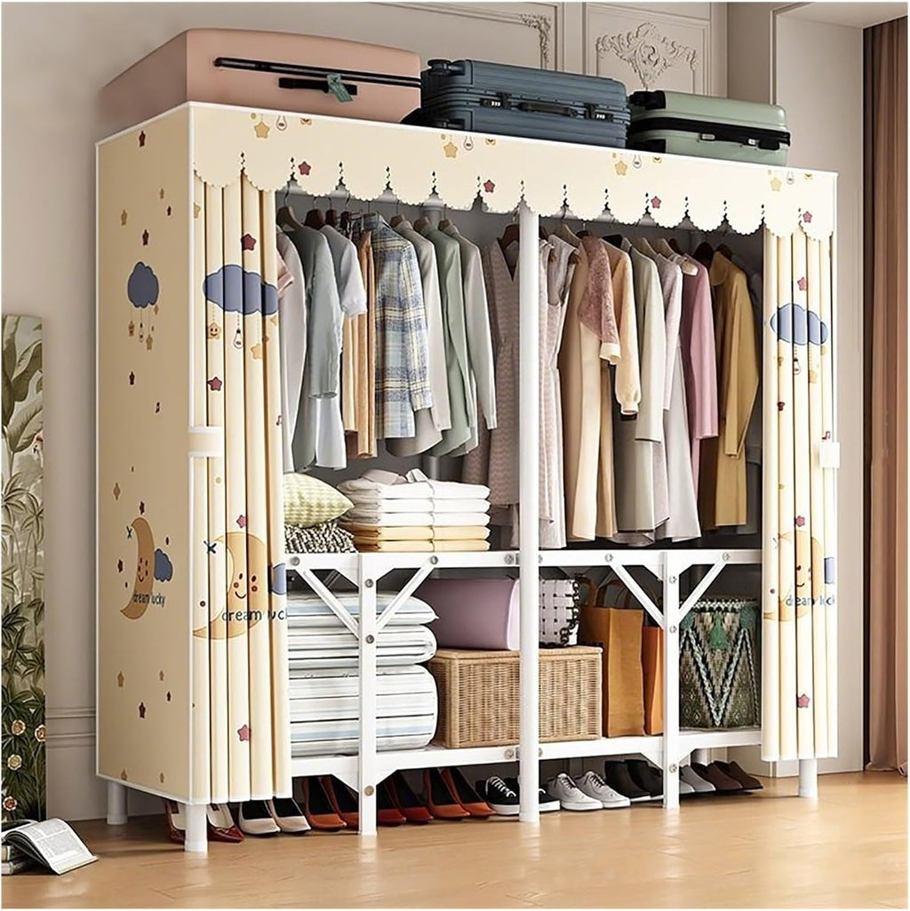 Heavy Duty Wardrobe Closet With Cover, Foldable Metal Clothes Shelves For Clothes Organizers Storage, Garment Rack For Hanging Clothes, Armoire For Bedroom, Apartment(C,150x45x170cm/59x18x67in)