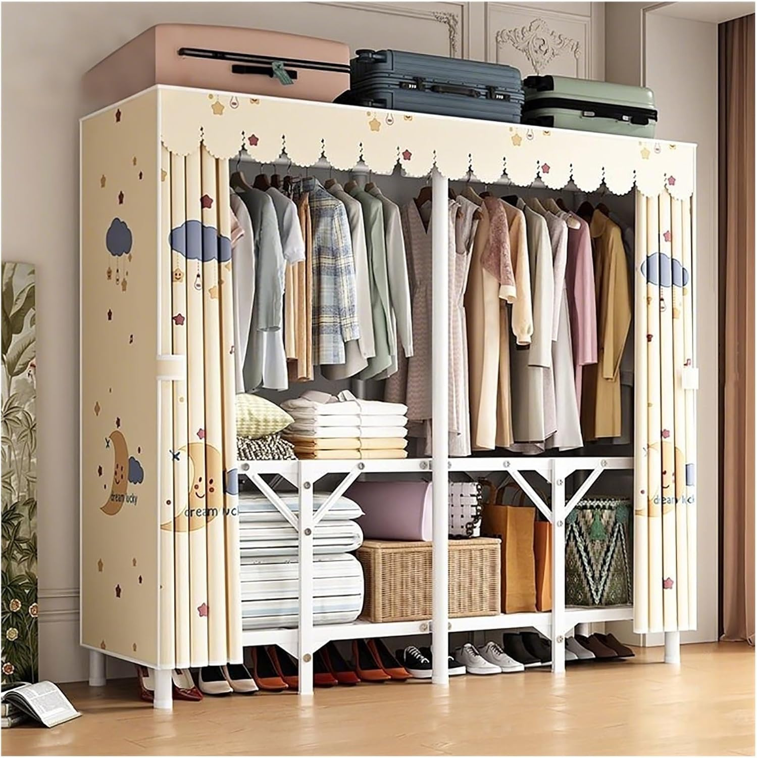 Heavy Duty Wardrobe Closet With Cover, Foldable Metal Clothes Shelves For Clothes Organizers Storage, Garment Rack For Hanging Clothes, Armoire For Bedroom, Apartment(C,150x45x170cm/59x18x67in)