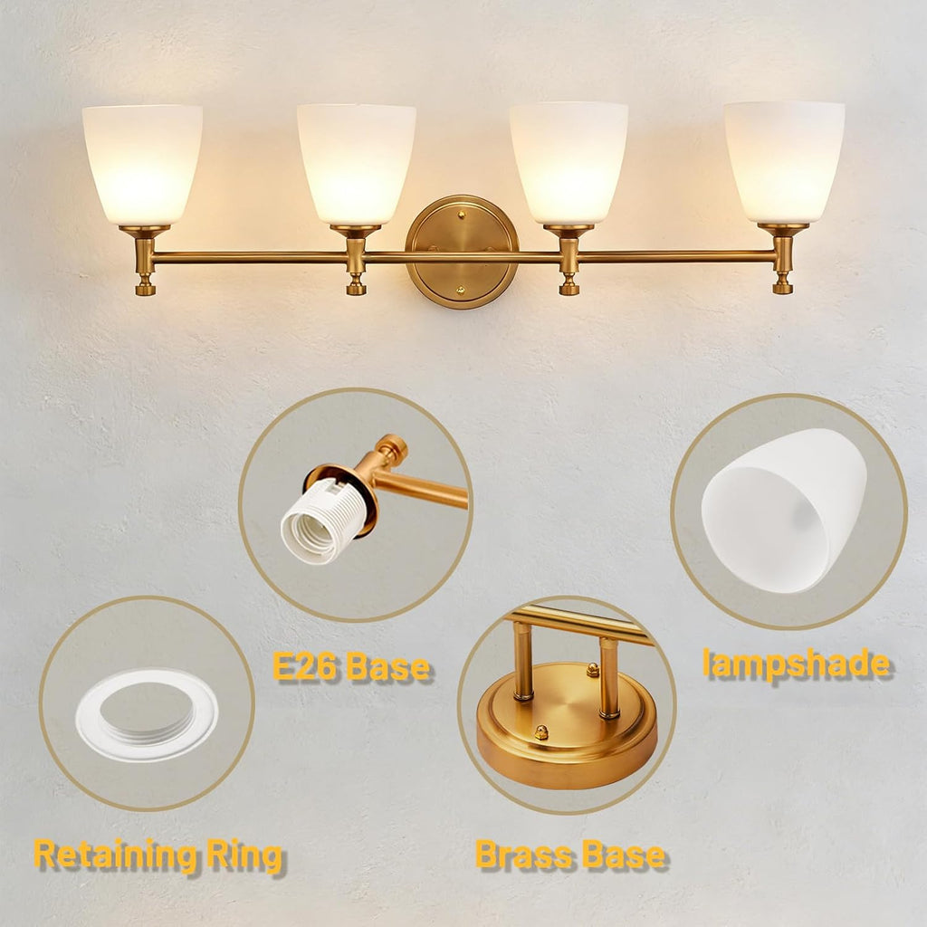 Bathroom Vanity Light Fixture, 4-Light Vintage Bathroom Lighting Fixtures Over Mirror, Antique Brass Finish with Frosted Milk Glass Shade, Wall Sconces Lighting for Bedroom, Living Room, Hallway