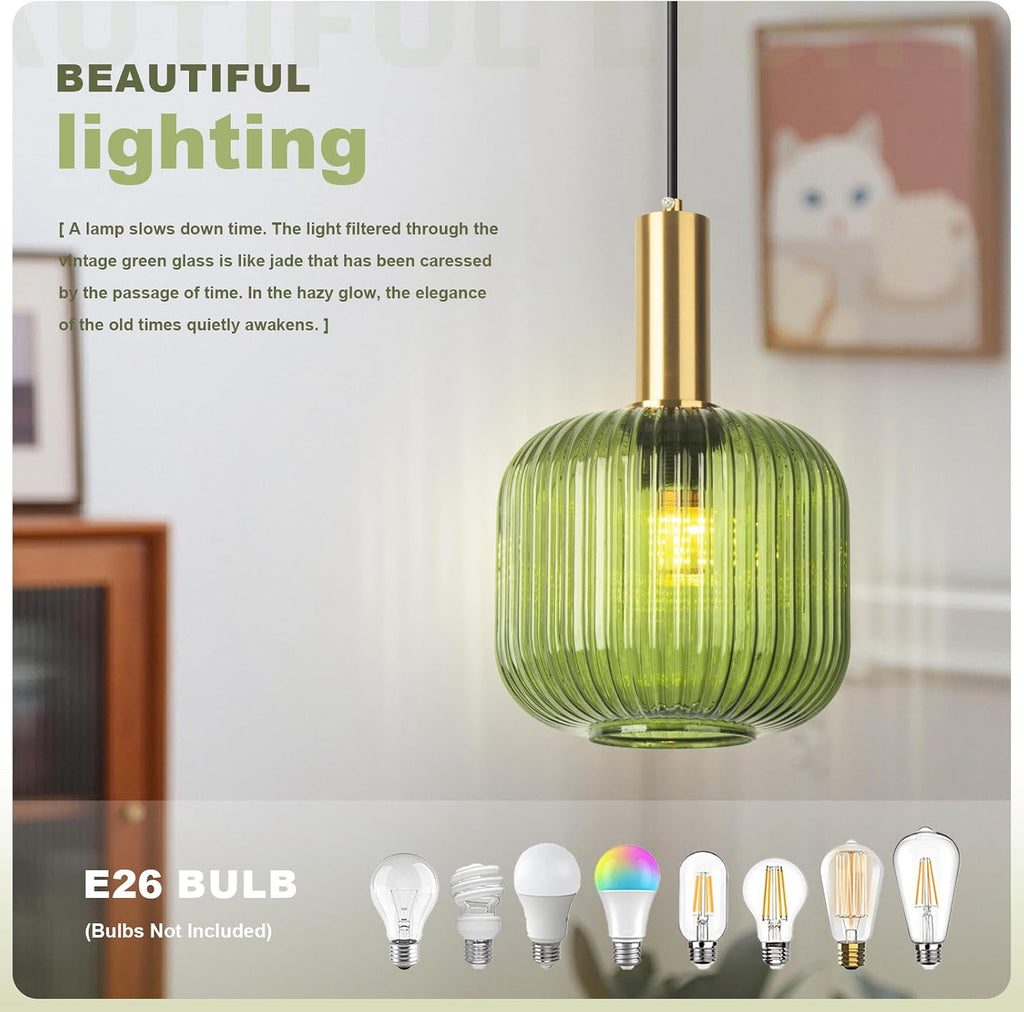 2 Pack Plug in Pendant Light for Living Room, 9.8' Green Glass Ceiling Hanging Lamp Lantern Shade Gold Mid Century Hanging Lamp for Kitchen Island Dining Room Bedroom