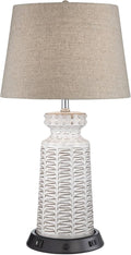 360 Lighting Helene Country Cottage Table Lamp with Dimmable USB and AC Power Outlet Workstation Charging Base 26' High Cream White Ceramic Tan Drum Linen Shade Living Room (Color May Vary)