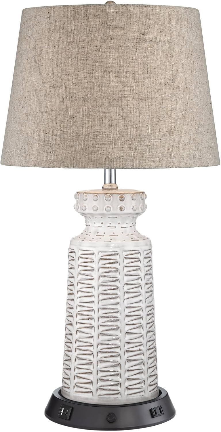 360 Lighting Helene Country Cottage Table Lamp with Dimmable USB and AC Power Outlet Workstation Charging Base 26' High Cream White Ceramic Tan Drum Linen Shade Living Room (Color May Vary)