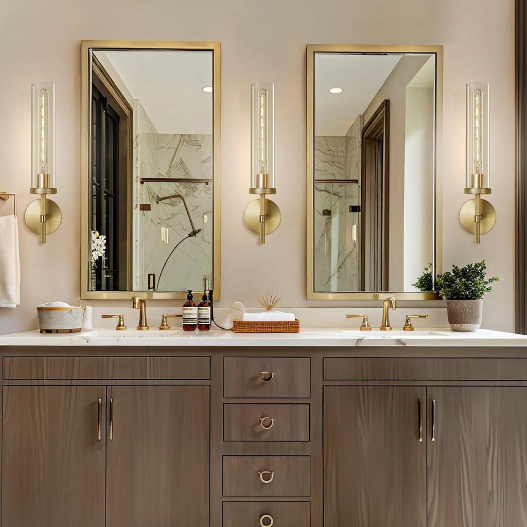 Gold Wall Sconces Set of Two, 19.48' Knurled Gold Wall Lighting with Glass Tube, Modern Brass Sconces Wall Lamp for Bedroom Living Room Bathroom Hallway Staircase & Vanity Mirror(Including Bulb)