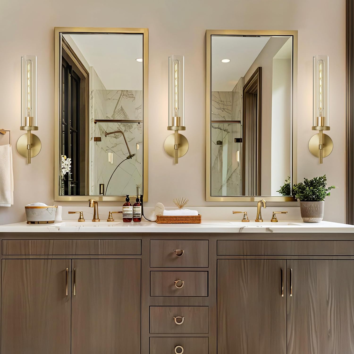 Gold Wall Sconces Set of Two, 19.48' Knurled Gold Wall Lighting with Glass Tube, Modern Brass Sconces Wall Lamp for Bedroom Living Room Bathroom Hallway Staircase & Vanity Mirror(Including Bulb)