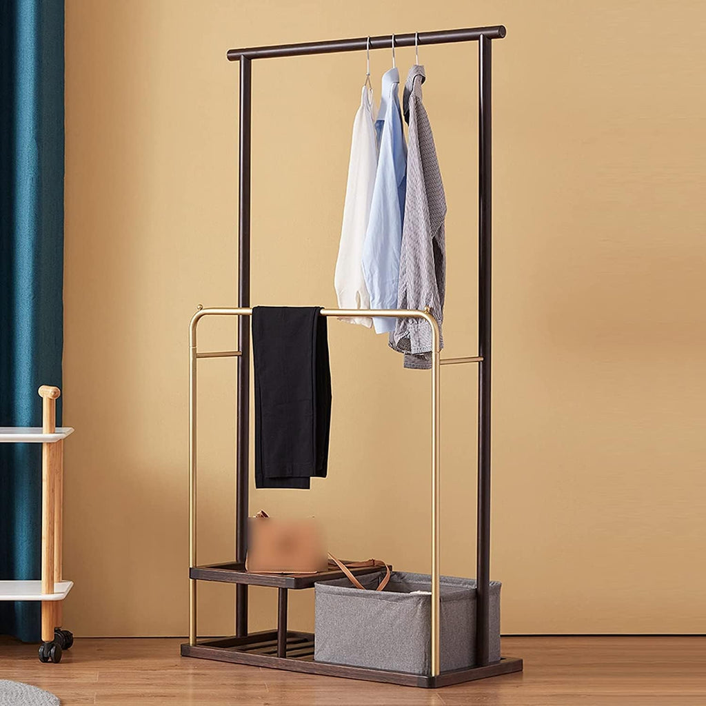 Double Rod Coat Rack Bamboo Coat Stand with Storage Basket Coat Tree Freestanding Clothes Garment Rack for Hanging Clothes