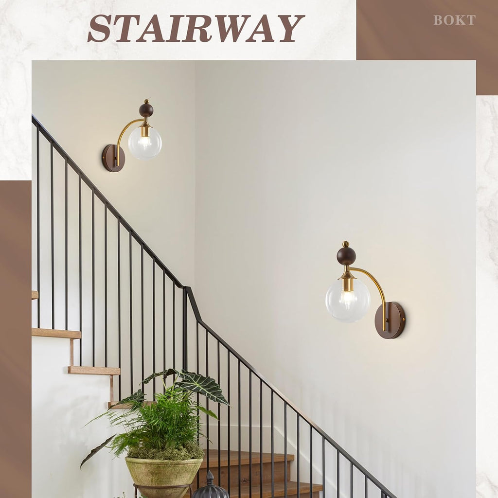BOKT Gold Wall Sconces 2 Pack Vintage Clear Wall Mounted Lamp Mid Century Modern Wall Sconce Light Set of Two Vanity Light Fixtures Over Mirror Minimalist Glass Wall Sconce