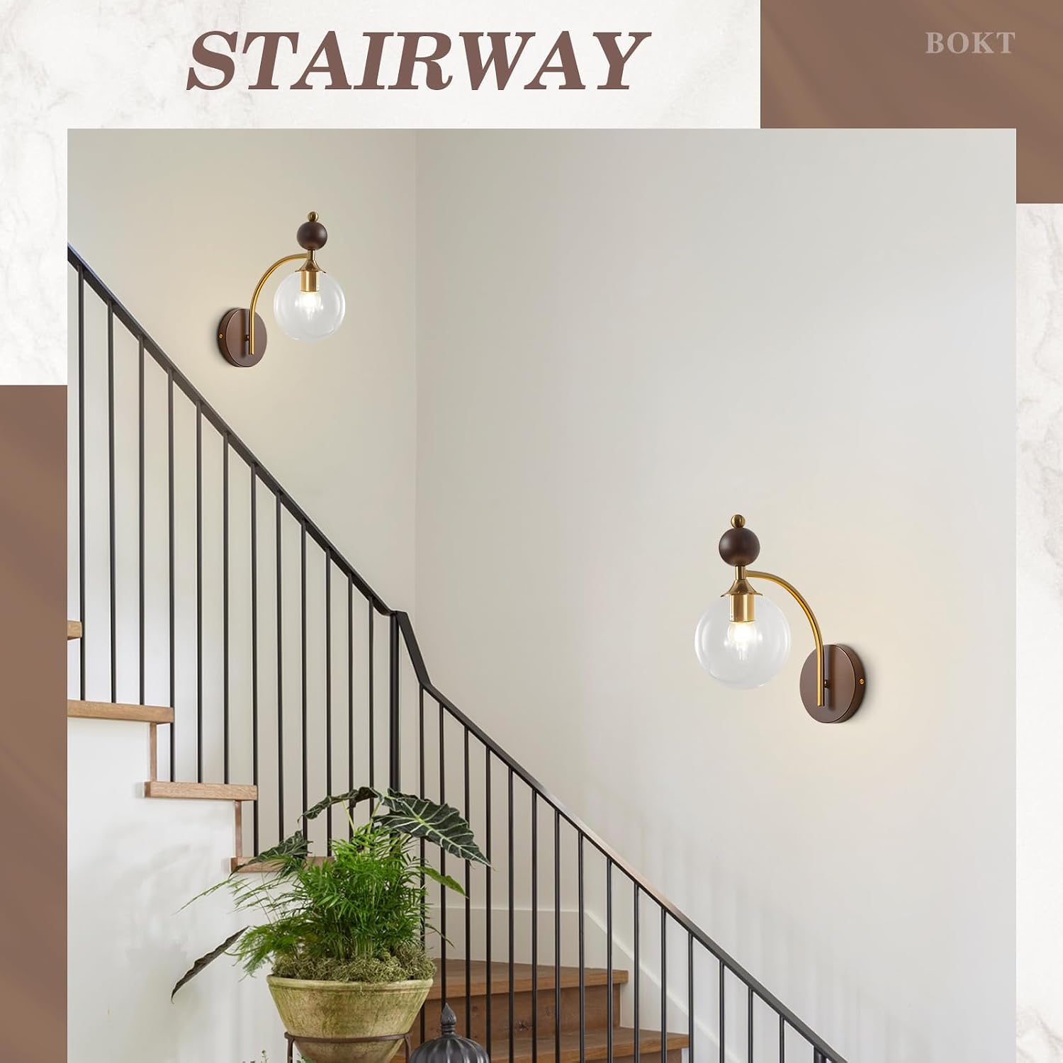 BOKT Gold Wall Sconces 2 Pack Vintage Clear Wall Mounted Lamp Mid Century Modern Wall Sconce Light Set of Two Vanity Light Fixtures Over Mirror Minimalist Glass Wall Sconce