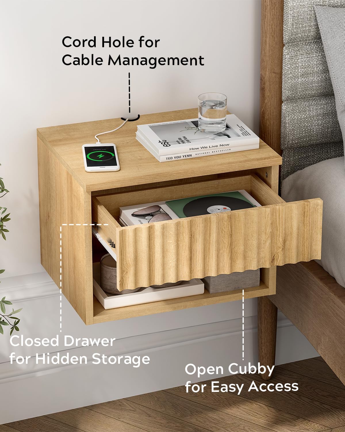 EYYTHUNG Small Floating Nightstand Set of 2, Modern Fluted Night Stand with Drawer and Open Storage Shelf Wall Mounted Bedside Tables Natural Oak
