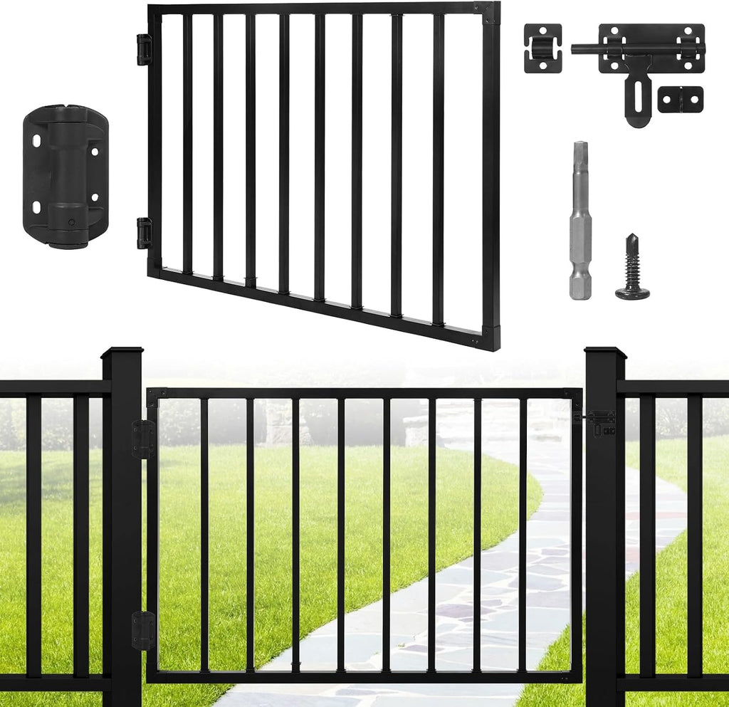 Outdoor Deck Fence Gate Kit, 42''H x 48''W Heavy Duty Steel Gate Anti-Rust Fence Door with Self-Closing Hinges and Latch for Railings, Patios, Gardens, Decks