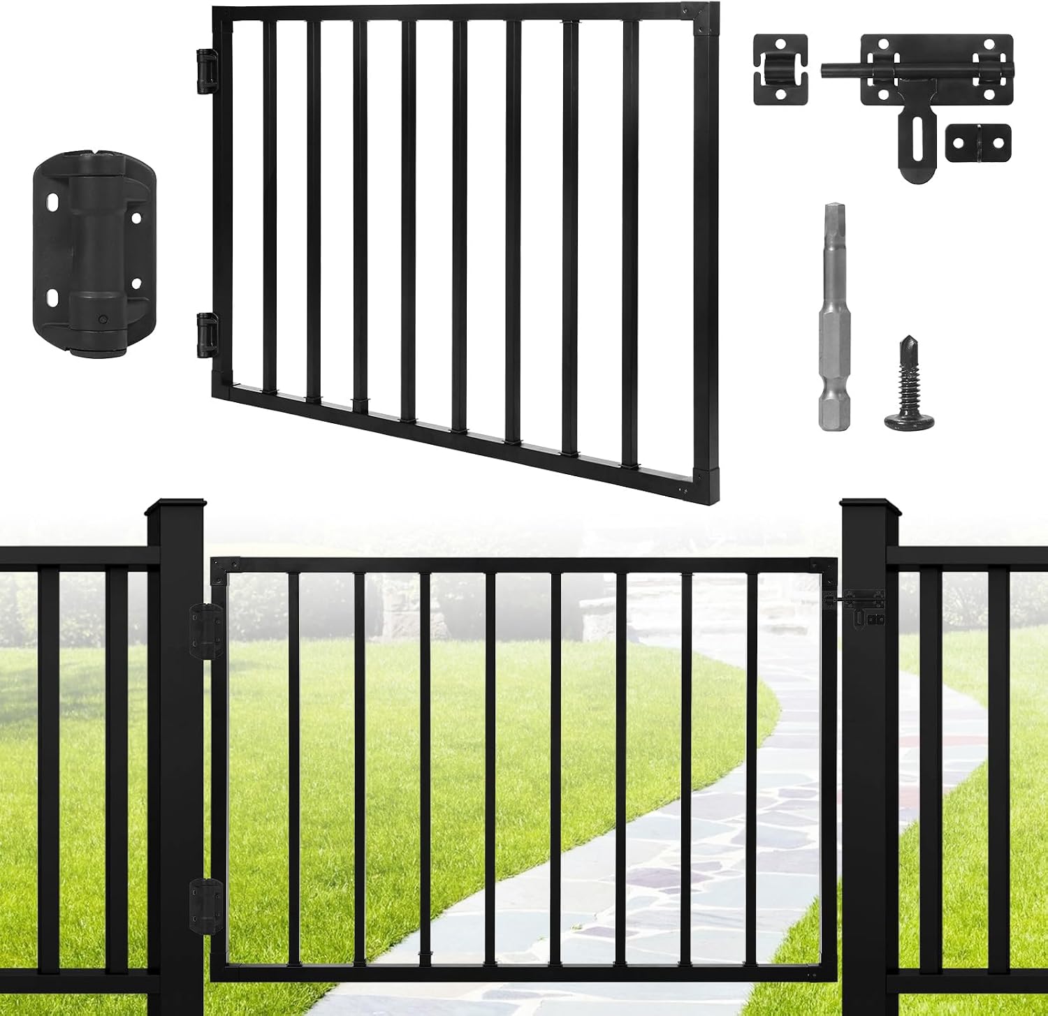 Outdoor Deck Fence Gate Kit, 42''H x 48''W Heavy Duty Steel Gate Anti-Rust Fence Door with Self-Closing Hinges and Latch for Railings, Patios, Gardens, Decks
