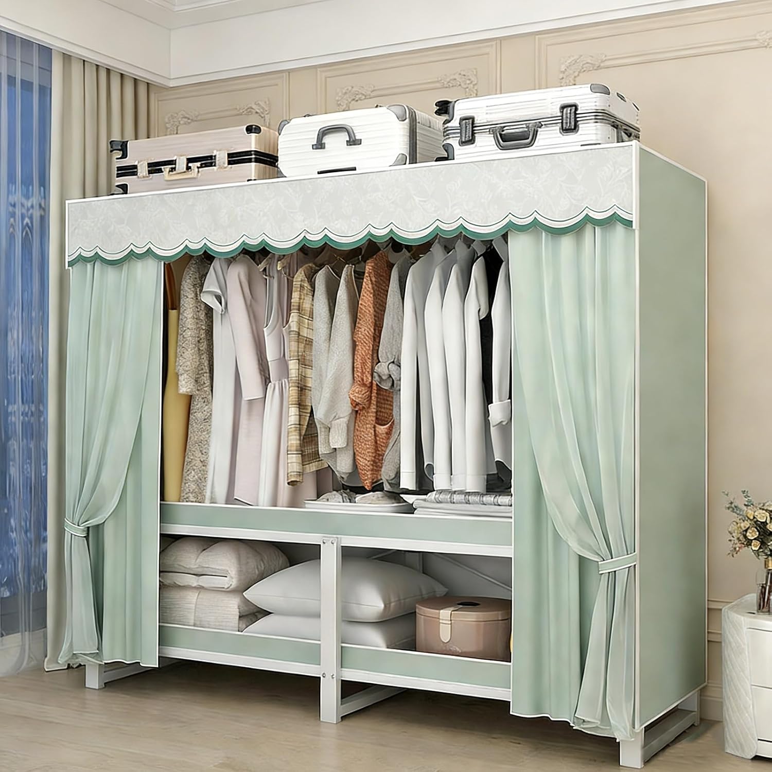 Portable Closet with Cover, Heavy-Duty Portable Wardrobe Closet, 2000lbs Weight Capacity, Foldable Garment Rack for Hanging Clothes and Coats(130cm/51in)