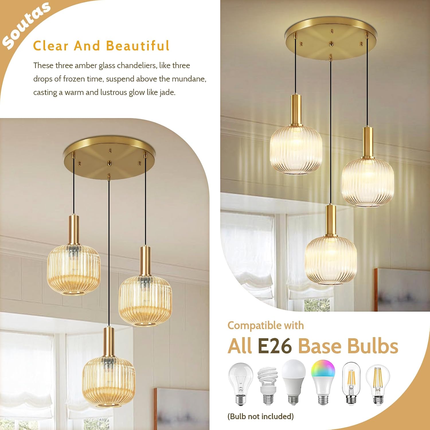 3-Light Gold Cluster Light Fixtures Modern Amber Glass Ceiling Chandelier Lights Brushed Brass Kitchen Island Pendant Light for Corridor Dining Room Entryway Stair